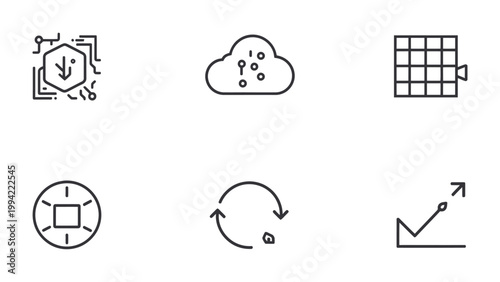 Digital Transformation Icons: A collection of meticulously crafted, modern icons symbolizes various facets of digital transformation, innovation, and technological advancement.