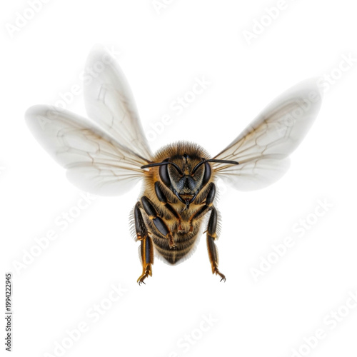 Macro view of a honey bee in flight isolated on a white background, front view of Apis mellifera with wings spread
