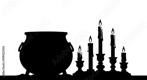 Candles and cauldron silhouette with flames and black background featuring witchcraft, Halloween, magic with mystical and dark elements for eerie,