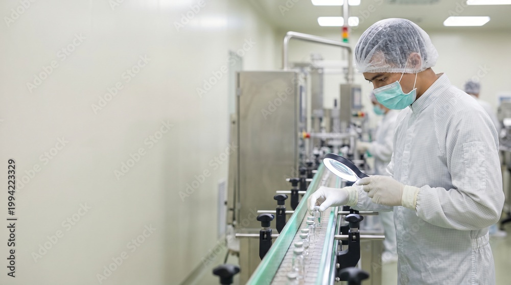 Naklejka premium Scientist in sterile clothing inspecting vials on a conveyor belt with a magnifying glass