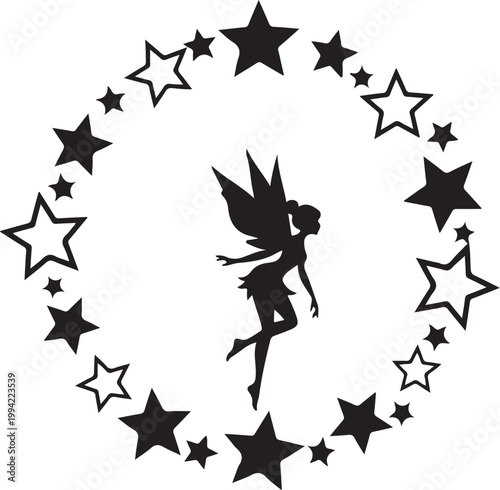Black fairy silhouette, surrounded by stars, whimsical vector icon, fantasy creature, dreamy design element