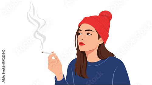 Young woman in a red hat smoking a cigarette, with smoke rising, symbolizing the act of smoking and its associated health risks.