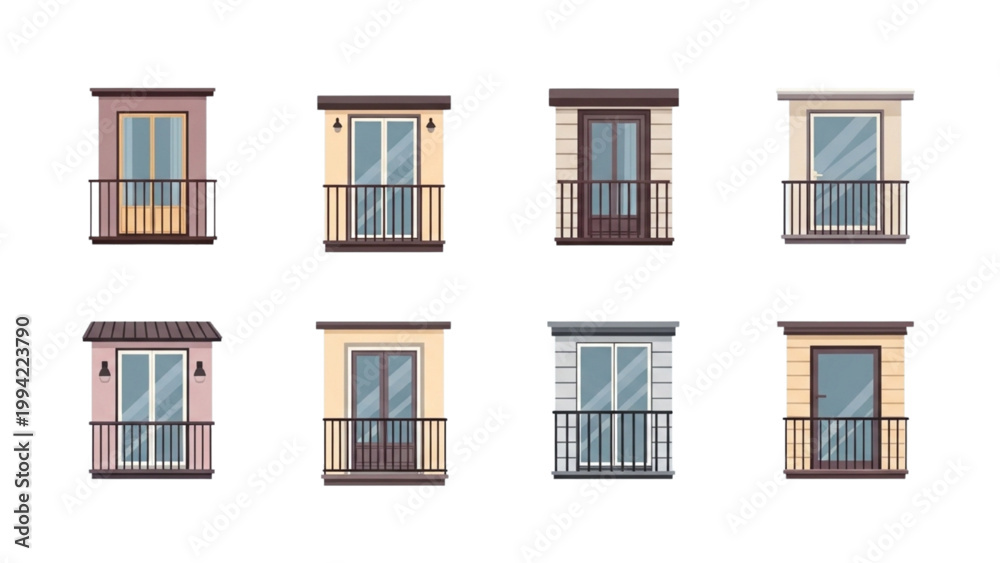 Fototapeta premium Collection of diverse modern architectural balconies with railings