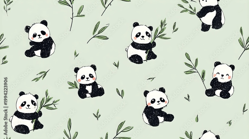 Naklejka premium Cute cartoon panda with bamboo seamless repeat pattern, soft pastel nursery decorative design on white background for textile and surface print