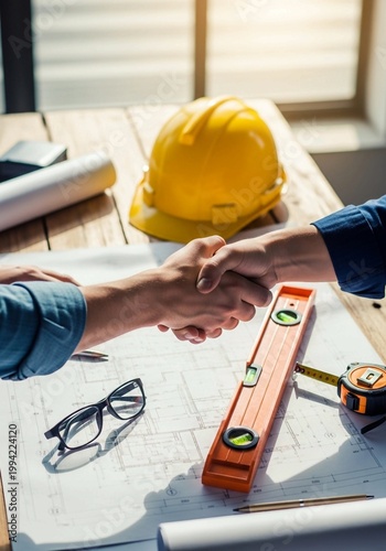 Top view of engineers shaking hands over blueprints at construction site office.