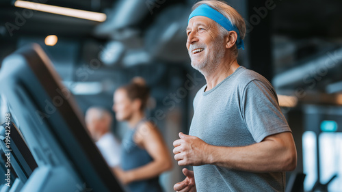 Elderly man joyfully runs on treadmill in modern gym during daytime workout session Generative AI