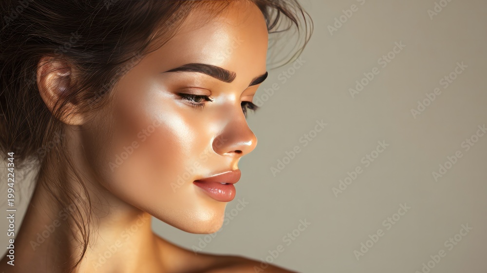 Fototapeta premium Radiant Beauty: A close-up shot of a woman with radiant, healthy skin, subtly lit, highlighting her features. 