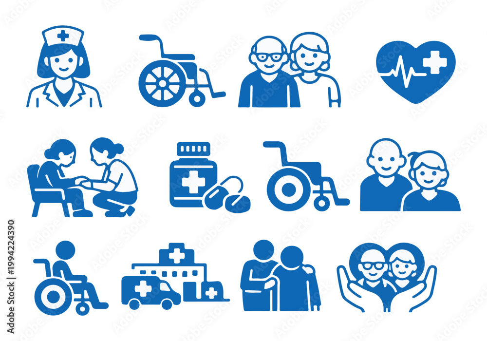 Fototapeta premium Modern Healthcare & Medical Services Icon Pack – Flat Blue Vector Set for Hospitals, Clinics & Digital Health
