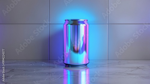 Metallic Can with Neon Lighting on a Marble Surface