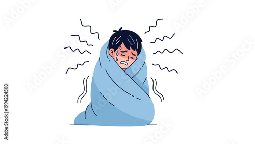 Young man wrapped tightly in a blue blanket, shivering and sweating, indicating he is suffering from a fever, cold, or illness.