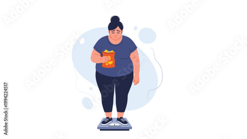 Overweight woman standing sadly on a weighing scale, holding a bag of potato chips, symbolizing weight management challenges and unhealthy eating.