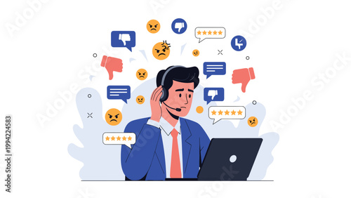 Stressed male customer service agent wearing a headset, dealing with negative feedback and bad reviews on his laptop, symbolizing workplace pressure.