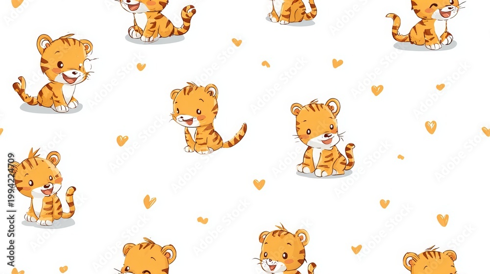 Obraz premium Cute cartoon lion cub seamless repeat pattern, soft pastel nursery decorative design with clean edges on white background for textile and surface print