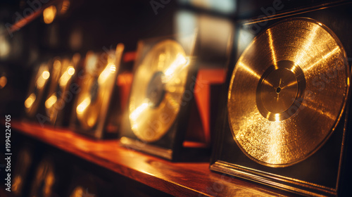 Gold record awards shining on a wooden shelf, symbolizing music industry success and platinum achievement