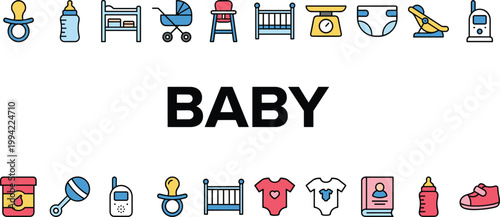 Baby care icons set with infant accessories toys feeding items and childcare essentials colorful vector illustration collection