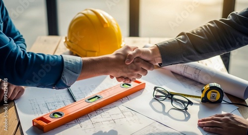 Top view of engineers shaking hands over blueprints at construction site office.