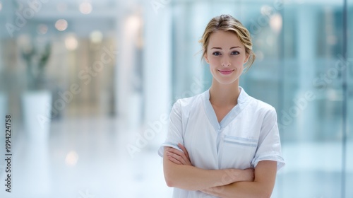 Confident Healthcare Professional: A smiling, professional in the healthcare sector exudes expertise and compassion in a modern, light-filled medical facility. Free Download Confident Healthcare Professional: A smiling, professional in the healthcare sector exudes expertise and compassion in a modern, light-filled medical facility. - GFXLoad