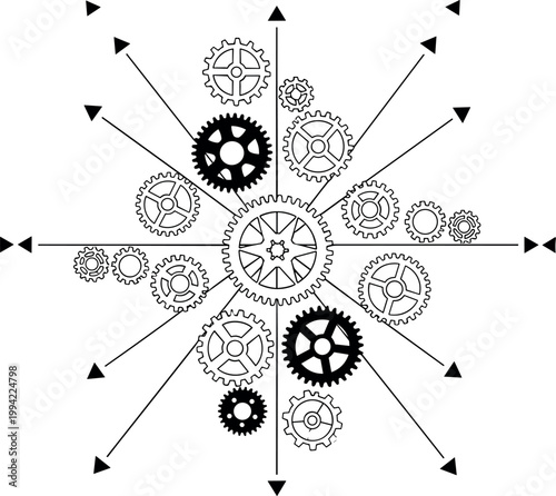 Abstract gear mechanism with arrows network, engineering system concept, mechanical process, monochrome vector illustration design