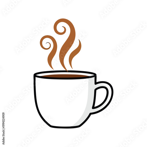 Cartoon vector illustration of a steaming hot cup of coffee.