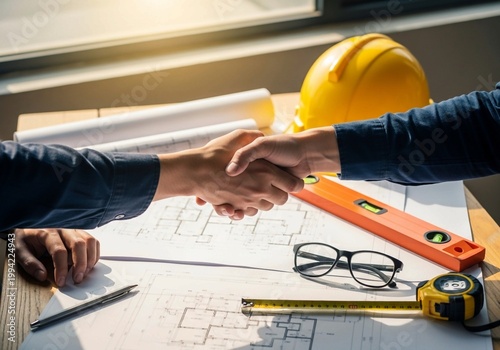 Top view of engineers shaking hands over blueprints at construction site office.