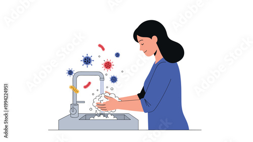 Woman cleans her hands thoroughly with soap and water to prevent the spread of germs and viruses, promoting good hygiene and health.