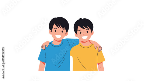 Two happy young boys with dark hair and bright smiles embrace, showcasing a strong bond of friendship and companionship between friends.