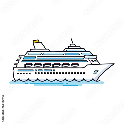 Illustration of a large luxury cruise ship sailing on blue ocean waves.