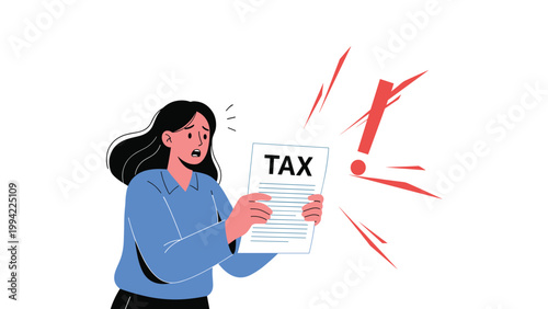 Woman looks shocked and stressed, holding a document labeled "TAX" with a large exclamation mark, representing financial burden, tax problems, and unexpected expenses.