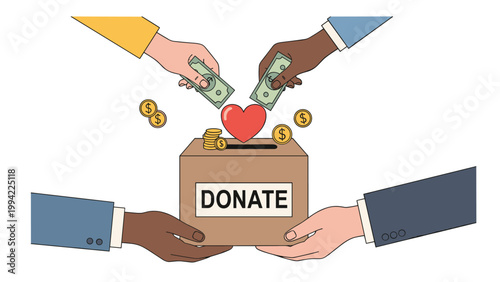 Diverse hands contribute money and coins into a brown donation box labeled "DONATE" with a red heart, symbolizing charity, giving, and collective support.