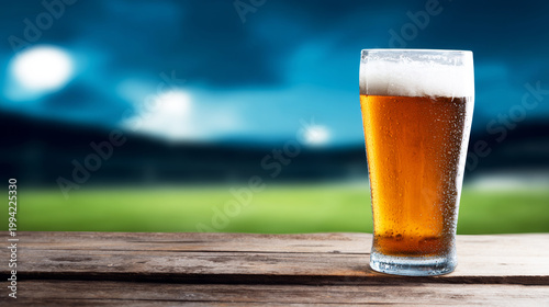 Cold beer on wooden table, watching football game in stadium background, perfect game night refreshment