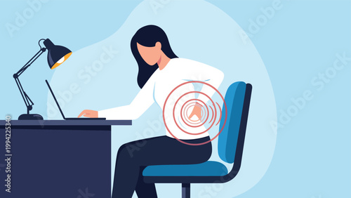 Woman sits at a desk using a laptop, clutching her lower back with a painful expression, illustrating back pain, poor posture, and office work strain.