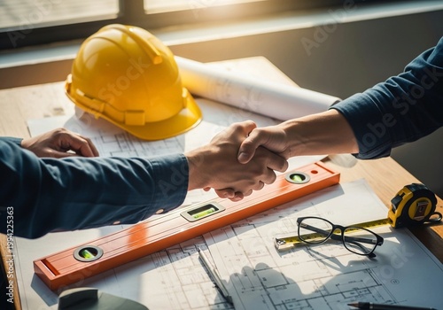 Top view of engineers shaking hands over blueprints at construction site office.