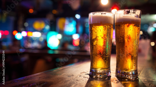 Two cold beers with foam on a bar counter, creating a refreshing atmosphere in a vibrant pub