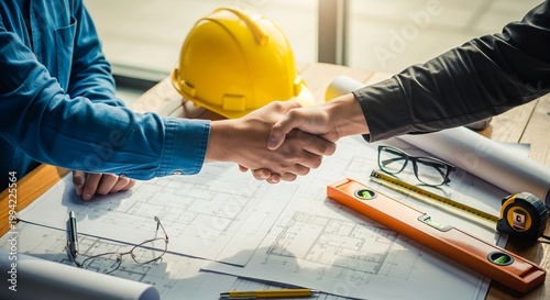 Top view of engineers shaking hands over blueprints at construction site office.