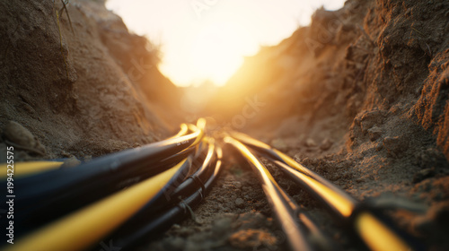 Underground utility cables creating a pathway forward in a trench, laying new infrastructure for connectivity at sunset