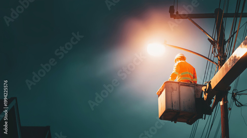 Utility worker performing streetlight maintenance from elevated bucket lift during dusk, illuminating residential area