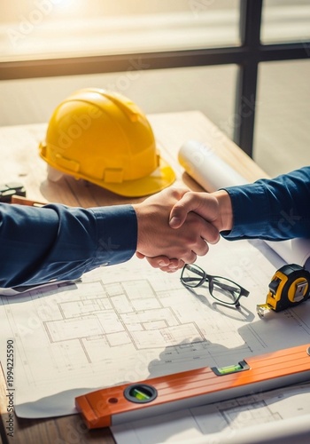 Top view of engineers shaking hands over blueprints at construction site office.