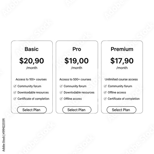 Pricing plan comparison table, subscription boxes, business services, financial packages