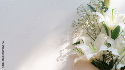 White lilies and baby's breath creating a delicate floral border with natural light and elegant shadows