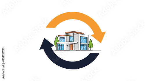 Modern house is encircled by two large arrows, forming a continuous cycle, representing the real estate market cycle, property development, and housing trends.