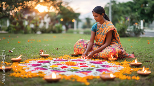 Indian woman in vibrant sari creating colorful rangoli with flowers and oil lamps on green lawn during sunset