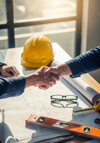 Top view of engineers shaking hands over blueprints at construction site office.