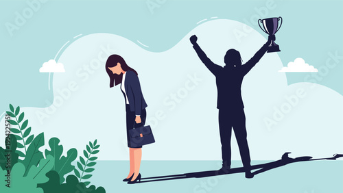 Sad woman looks down at her shadow, which is a victorious figure holding a trophy, illustrating self-doubt, imposter syndrome, and untapped potential.