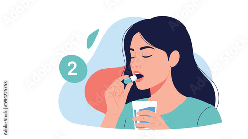 Woman takes a pill with a glass of water, illustrating medication, pain relief, health treatment, and the importance of following medical instructions.