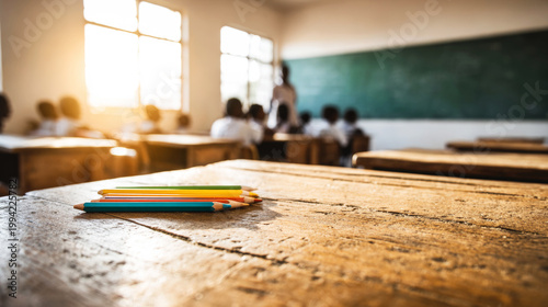 Colored pencils resting on a wooden school desk in a bright classroom with students and a teacher learning in the background