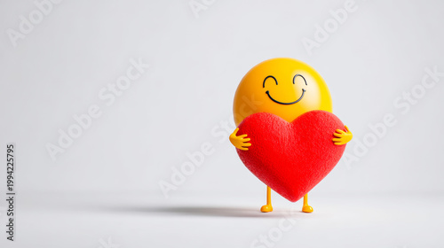 Yellow smiling emoji character embracing a red heart, expressing love and happiness on a white background