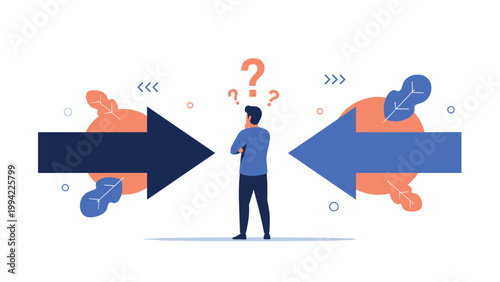 Man stands between two large, opposing arrows with question marks hovering above his head, symbolizing decision-making, dilemma, and conflicting choices.