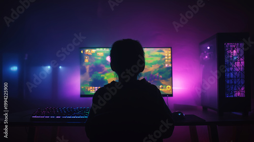 Person playing video game on monitor in dark room, colorful neon lights creating immersive gaming atmosphere