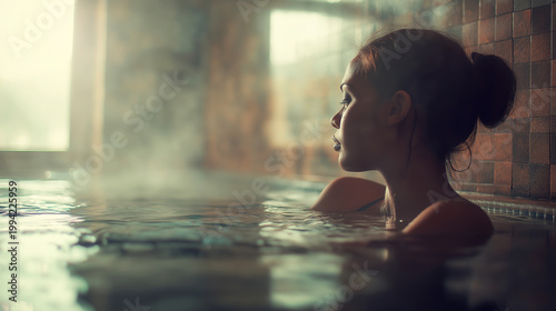 Young woman relaxing in a hot steaming bath, finding peace and wellness in a tranquil spa environment