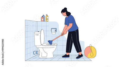 Woman diligently cleans a toilet with a plunger and brush, emphasizing the importance of home hygiene, sanitation, and bathroom maintenance.